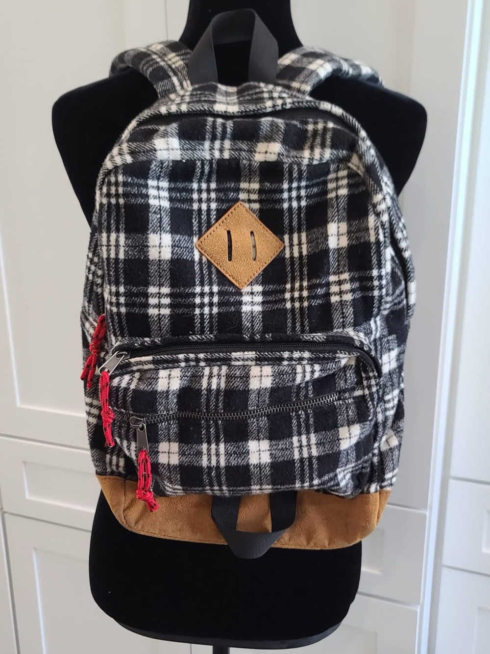 Black & White Plaid Backpack with Tan Suede Base 15x8x10